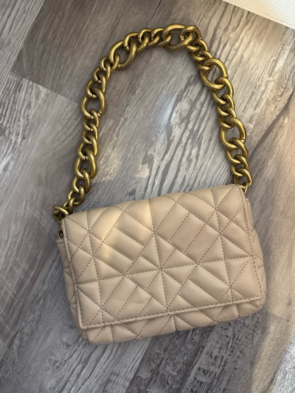 Zara Quilted Beige Shoulder Bag with Gold Chain